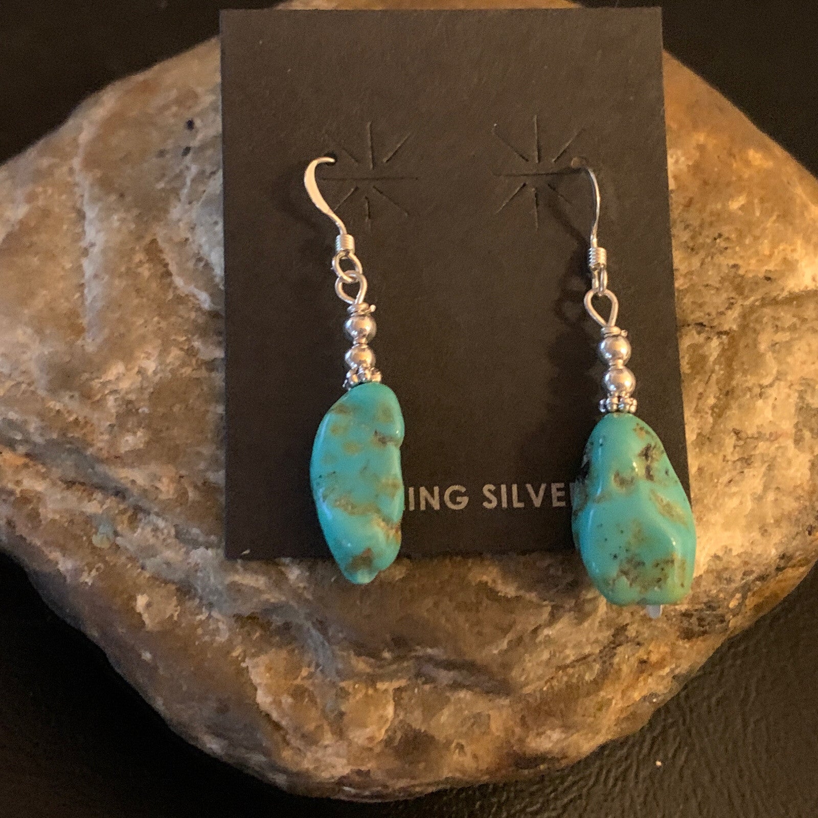 Blue Turquoise Nugget Sterling Silver Beads Navajo Earrings 1" 12892