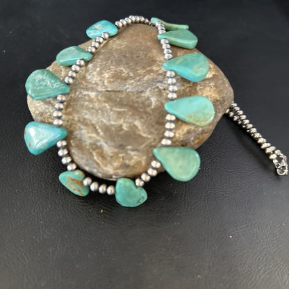 Blue Turquoise Teardrop Navajo Pearls Sterling Silver Necklace 14387