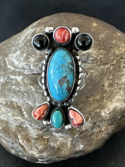Cluster Blue Turquoise Spiny Oyster Onyx Sterling Silver Ring Size 9 18560