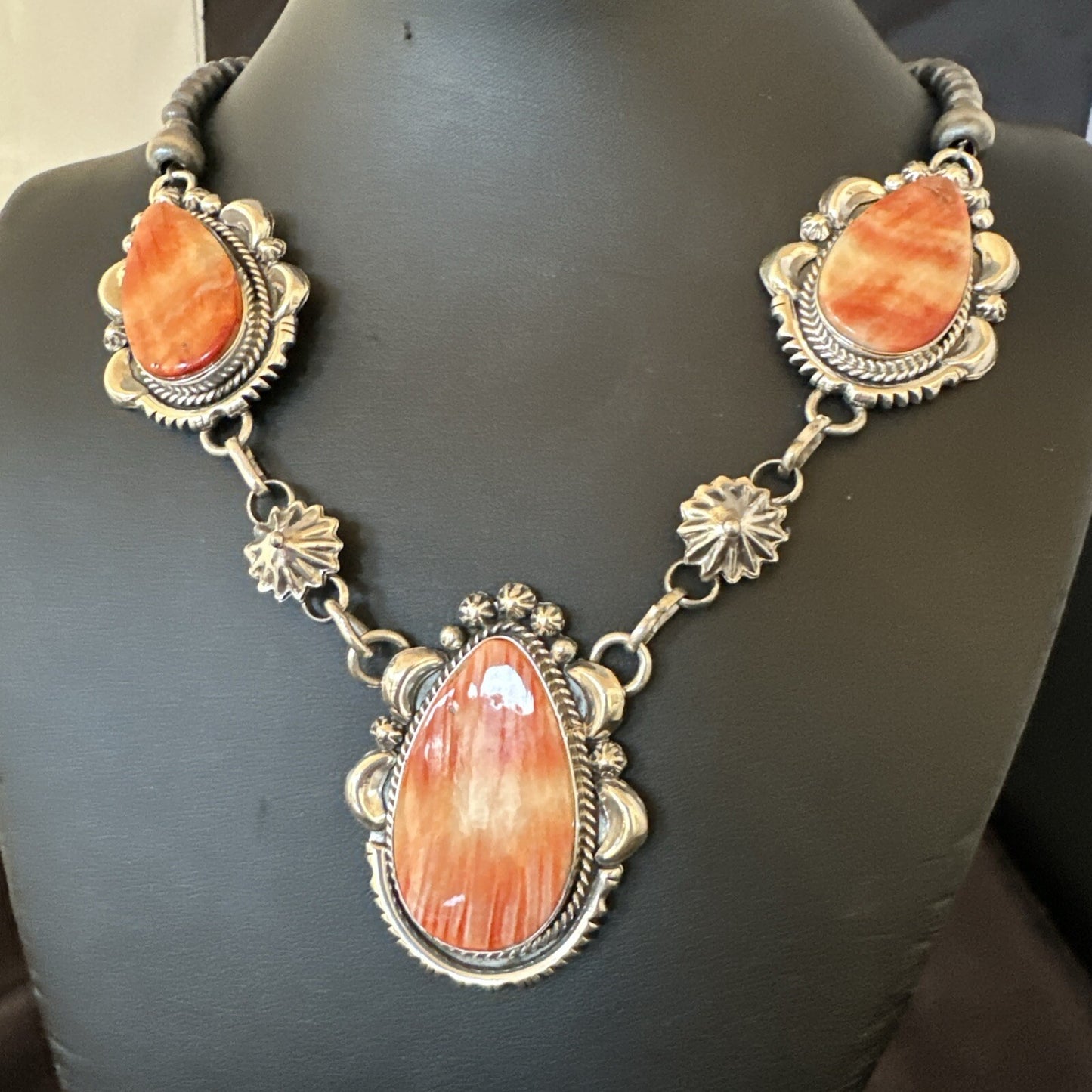 Orange Spiny Oyster Pendant Navajo Sterling Silver Lariat Necklace 21" 18628