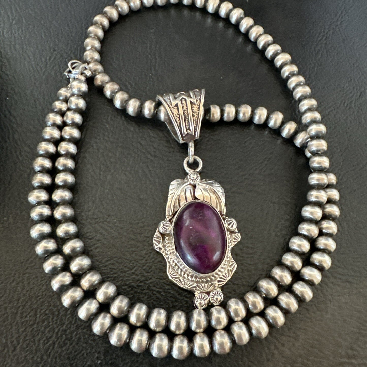 Purple Stone Pendant Navajo Pearls Sterling Silver Necklace 20” 18047