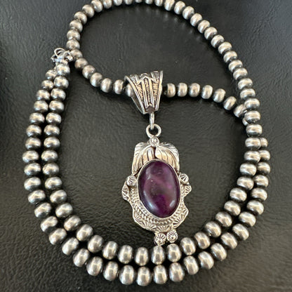 Purple Stone Pendant Navajo Pearls Sterling Silver Necklace 20” 18047