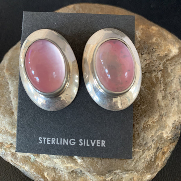 Navajo Pink Quartz Post Stud Earrings 1" | Sterling Silver | Authentic Native American Handmade | 13029