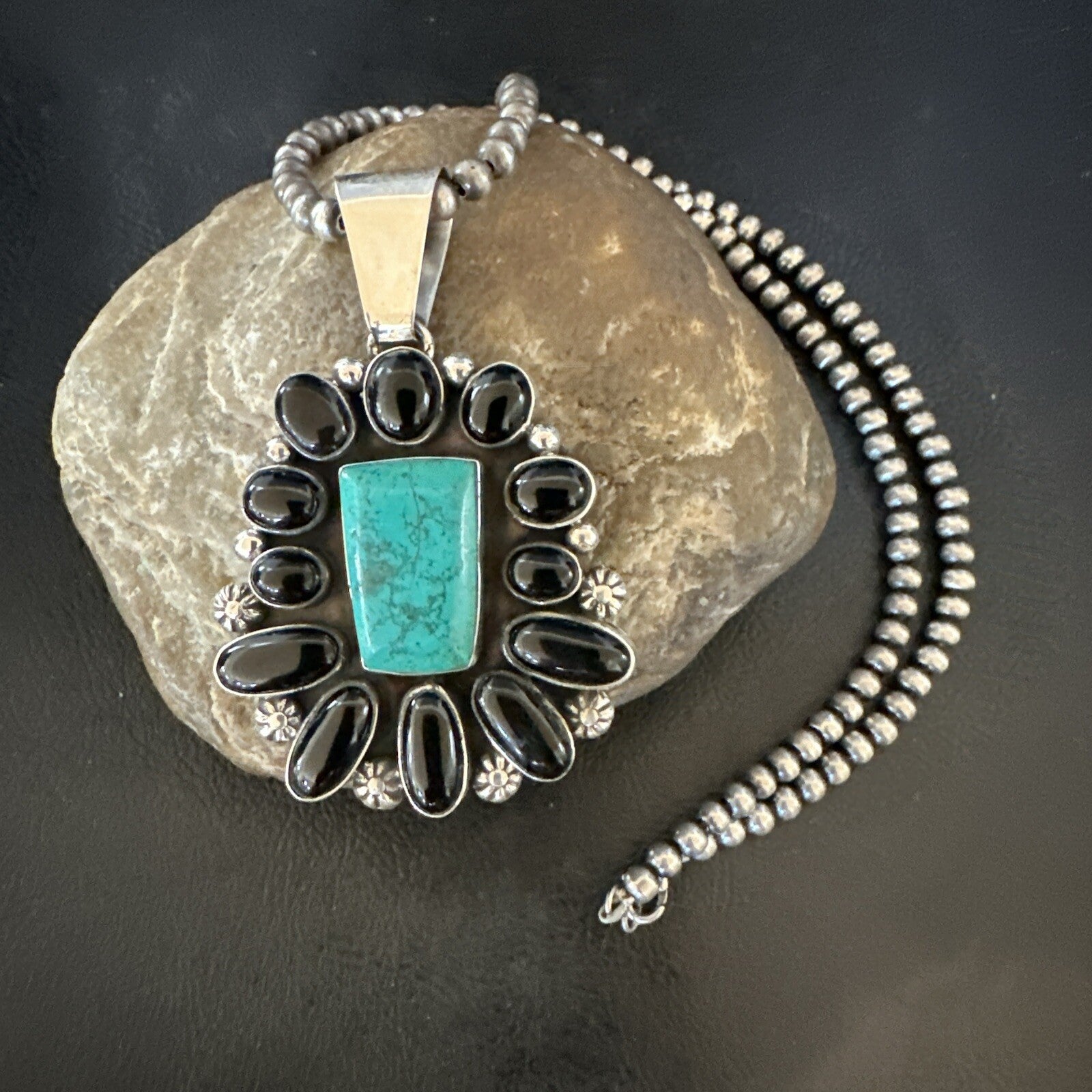 Womens Black Onyx Blue Turquoise Pendant Navajo Sterling Silver Necklace 18401