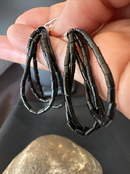 Black Onyx Heishi 3S Bead Southwestern Sterling Silver Earrings 2" 18197