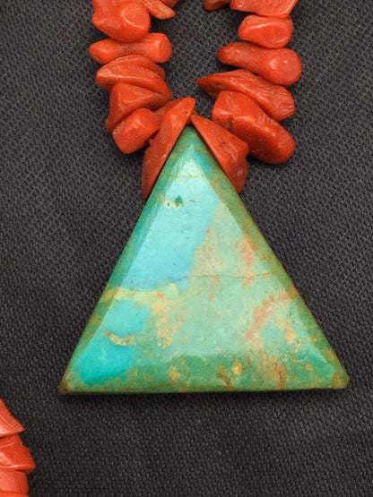 Kingman Turquoise Pendant Coral Sterling Silver Old Pawn Necklace 19" 4008