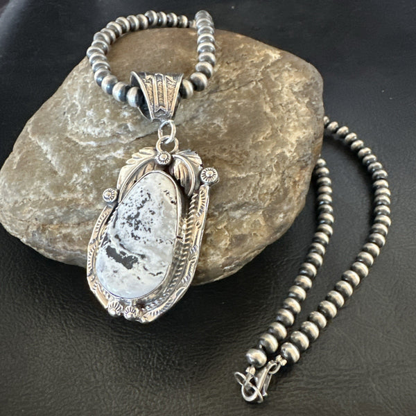 White Buffalo Turquoise Pendant Navajo Pearls Necklace | Sterling Silver | Authentic Native American Handmade | 19336