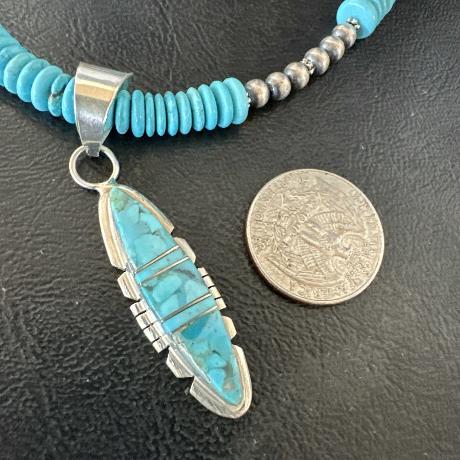 Blue Turquoise Inlay Pendant Navajo Sterling Native American Necklace 20" 19510