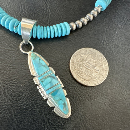 Blue Turquoise Inlay Pendant Navajo Sterling Native American Necklace 20" 19510