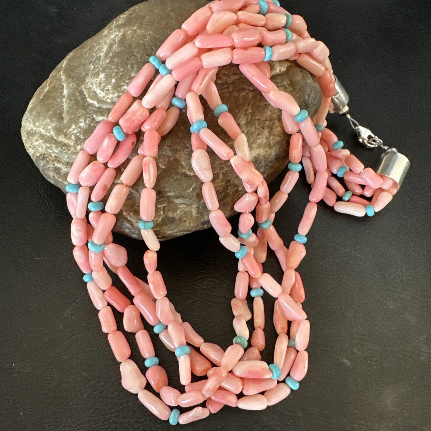 Navajo Blue Turquoise Pink Coral Sterling Silver 5 Strand Necklace 20” 17840