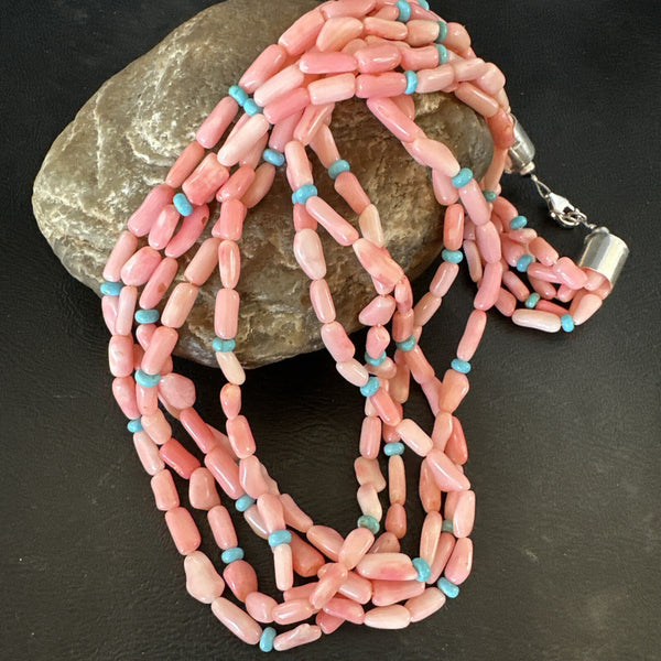 Navajo Blue Turquoise Pink Coral 5 Strand Necklace 20" | Sterling Silver | Authentic Native American Handmade | 17840