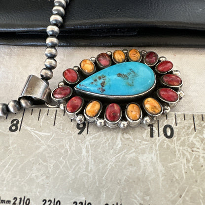 Multicolor Turquoise Spiny Navajo Sterling Silver Cluster Pendant Necklace 19560