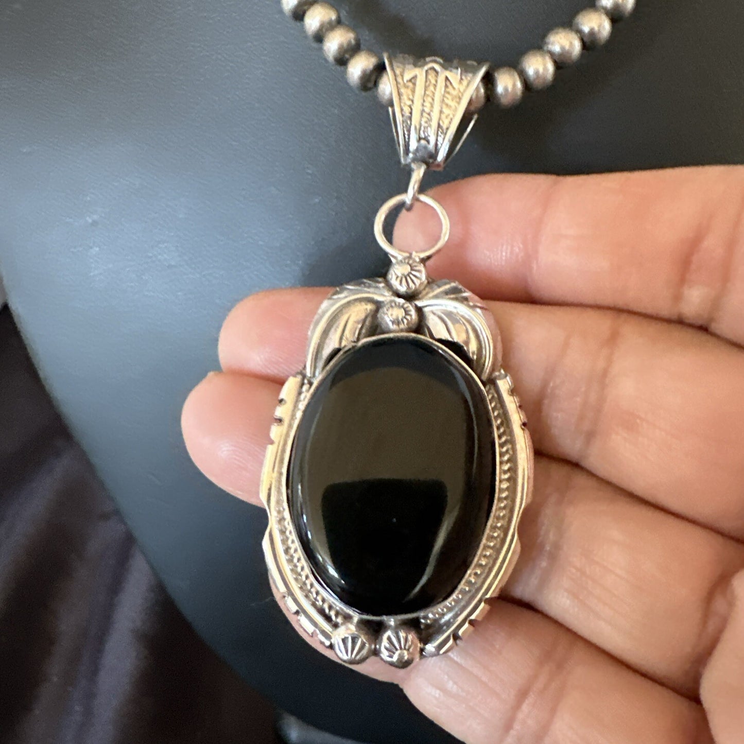 Mens Sterling Silver Beads Black Onyx Pendant Necklace 17992