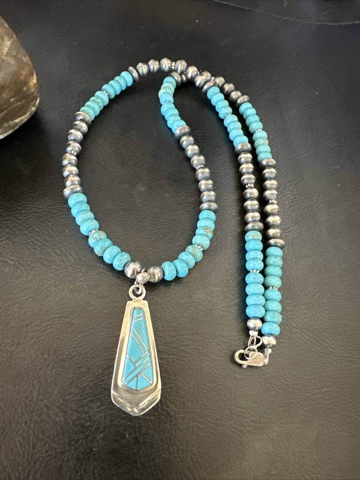 Inlay Blue Kingman Turquoise Pendant Navajo Sterling Silver Necklace 21" 18380