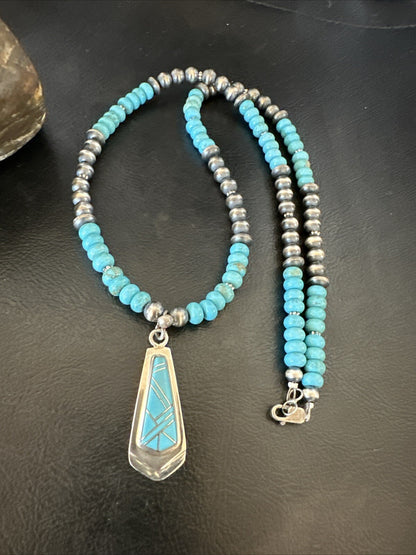Inlay Blue Kingman Turquoise Pendant Navajo Sterling Silver Necklace 21" 18380