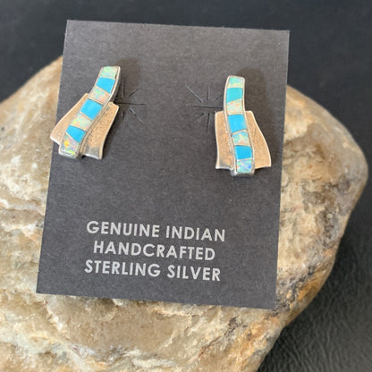 Womens Blue Turquoise & White Opal Navajo Sterling Silver Inlay Earrings 12898