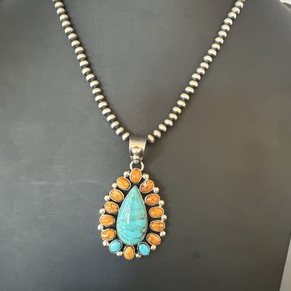 Multicolor Turquoise Spiny Navajo Sterling Silver Cluster Pendant Necklace 19559