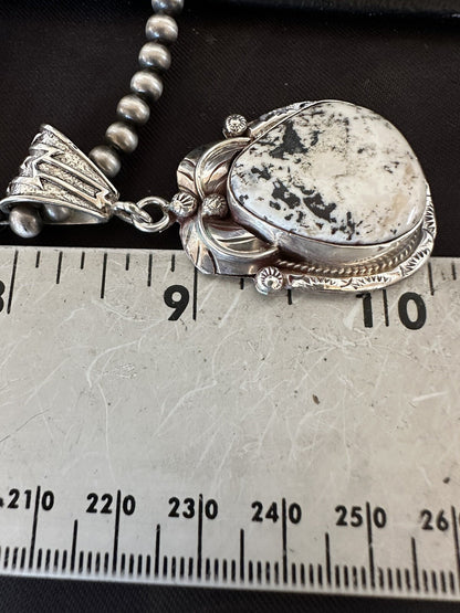 Mens White Buffalo Turquoise Pendant Sterling Silver Beads Necklace 18311