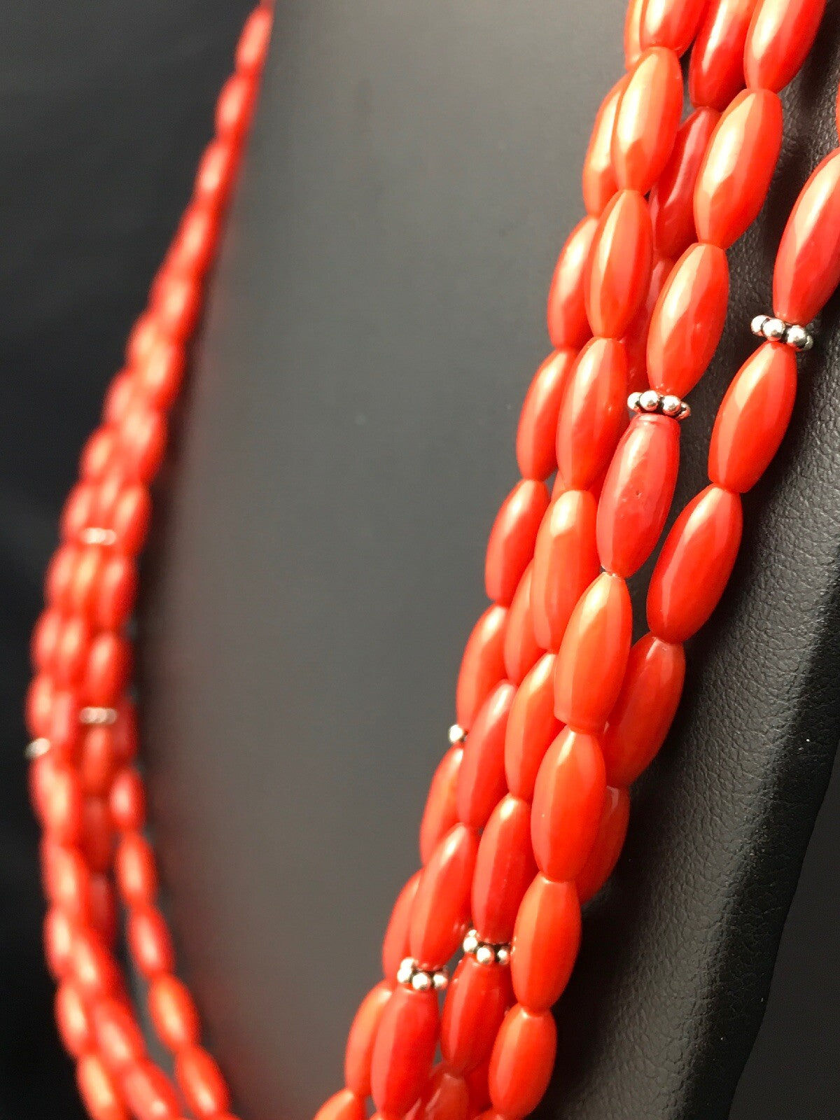 Red Bamboo Coral 5 Strand Navajo Pearls Sterling Silver Necklace 22" 04165