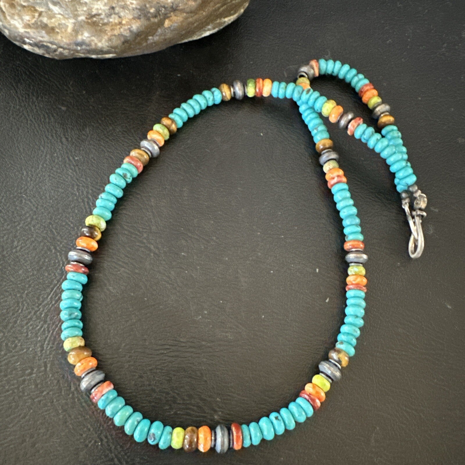 Navajo Sterling Silver Blue Turquoise Spiny Oyster Necklace 19" 10142