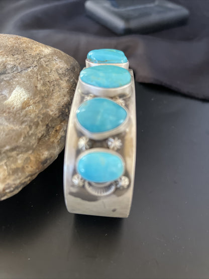 Navajo Sterling Silver Blue Kingman Turquoise Cuff Bracelet 5 Stone HJoe 02051