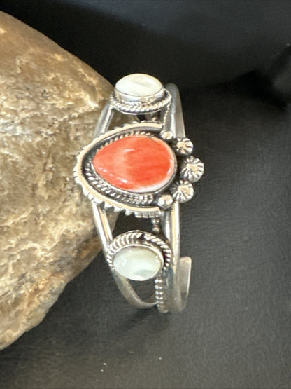 Red Spiny Oyster White MOP Navajo Sterling Silver Cuff Bracelet 17705