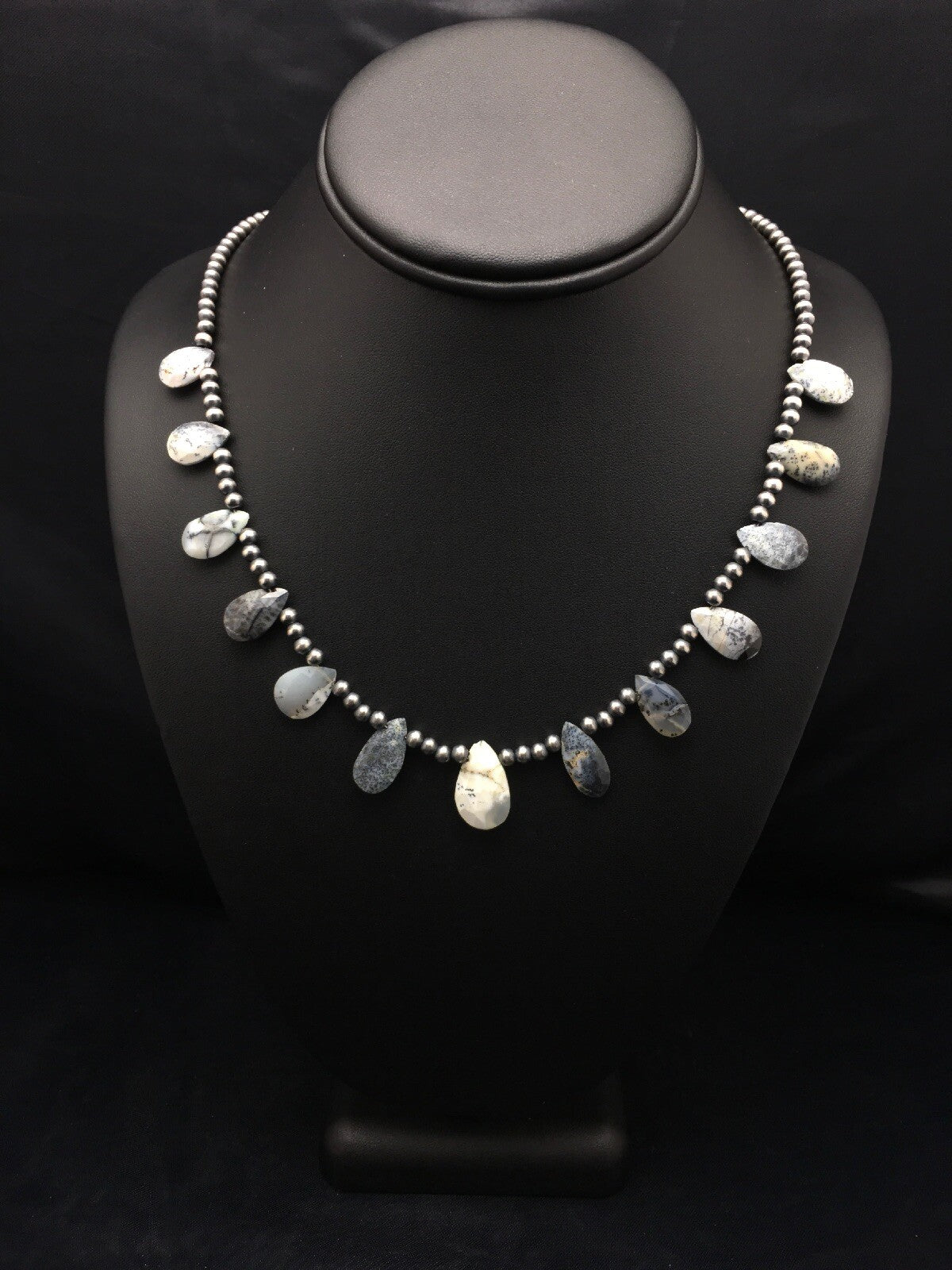 Black Rutile & Opal Pear Shaped Navajo Pearls Sterling Silver Necklace 04091