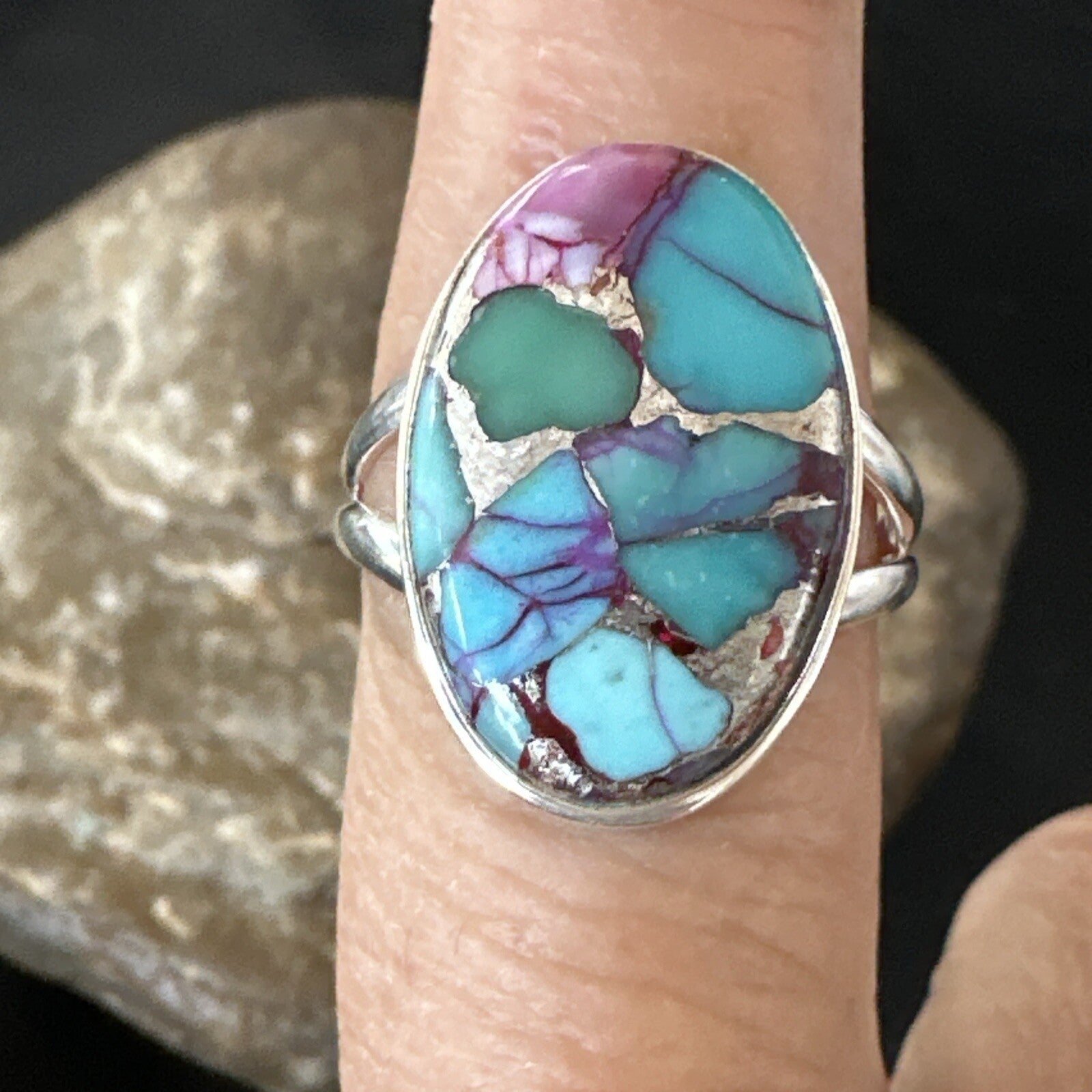 Blue Turquoise Spiny Oyster Southwestern Sterling Silver Ring Size 9 18462