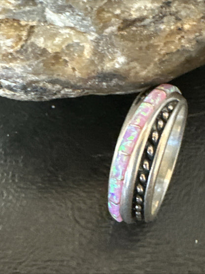 Pink Opal Navajo Sterling Silver Band Inlay Ring Size 9 18784