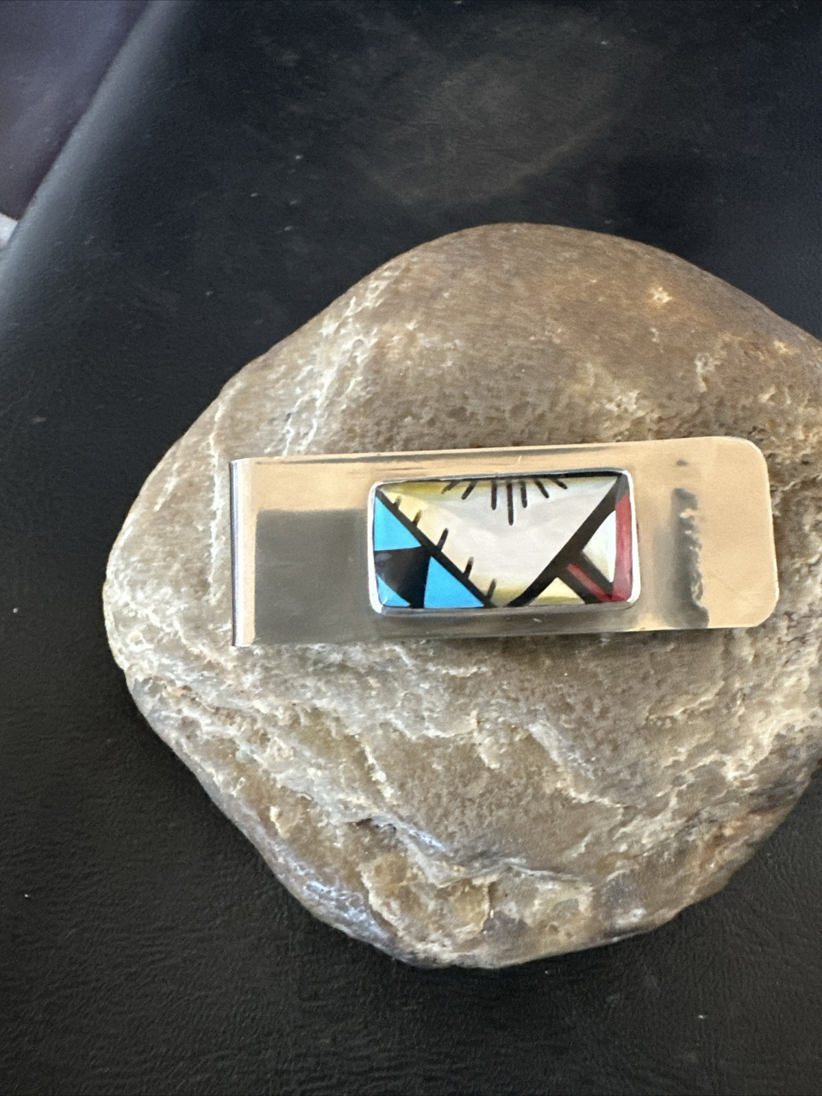 A Zuni Mens Turquoise Spiny Inlay Stainless Sterling Silver Money Clip 17835
