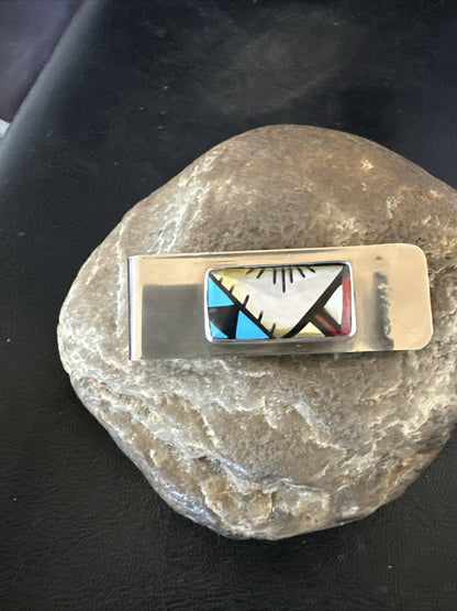 A Zuni Mens Turquoise Spiny Inlay Stainless Sterling Silver Money Clip 17835