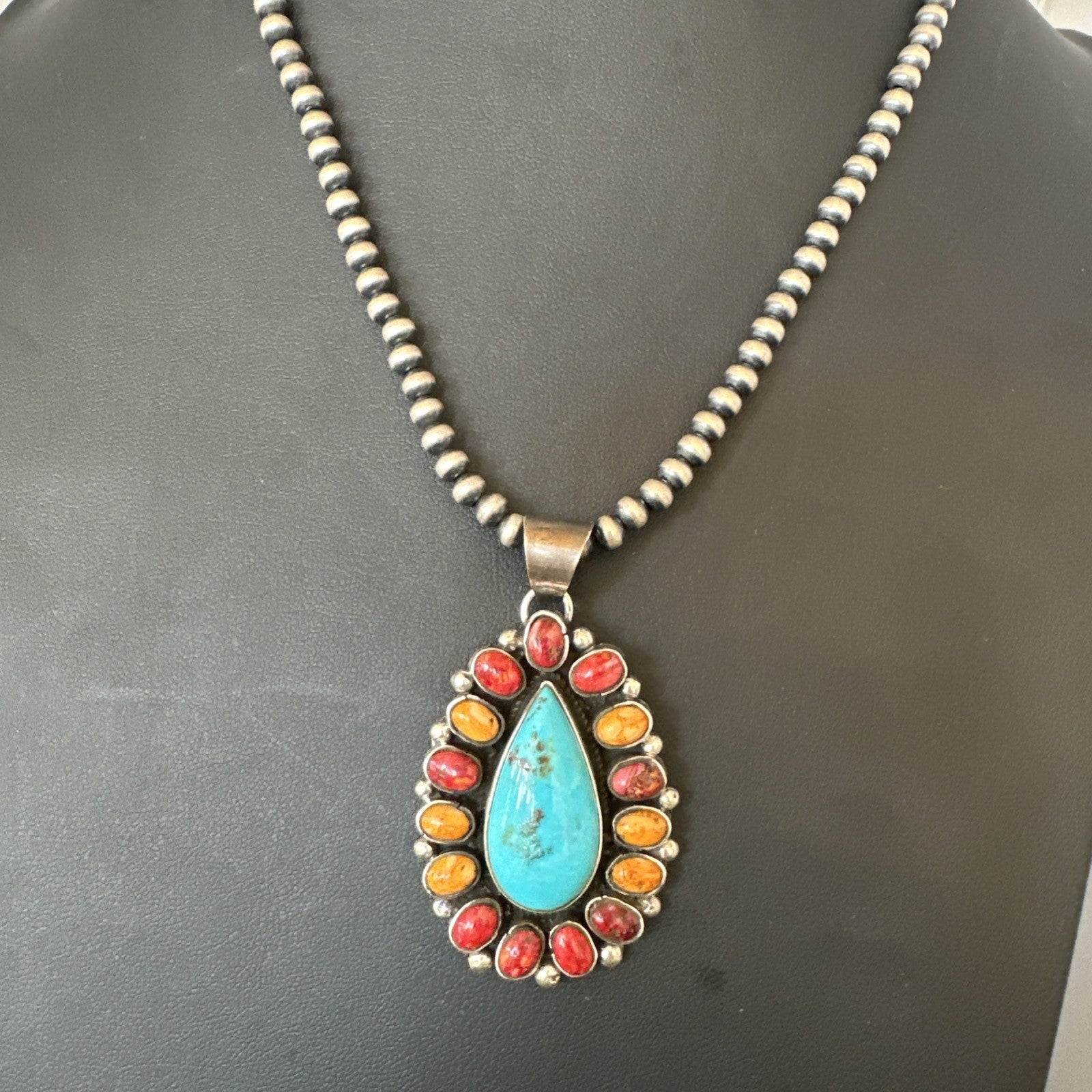 Multicolor Turquoise Spiny Navajo Sterling Silver Cluster Pendant Necklace 19560