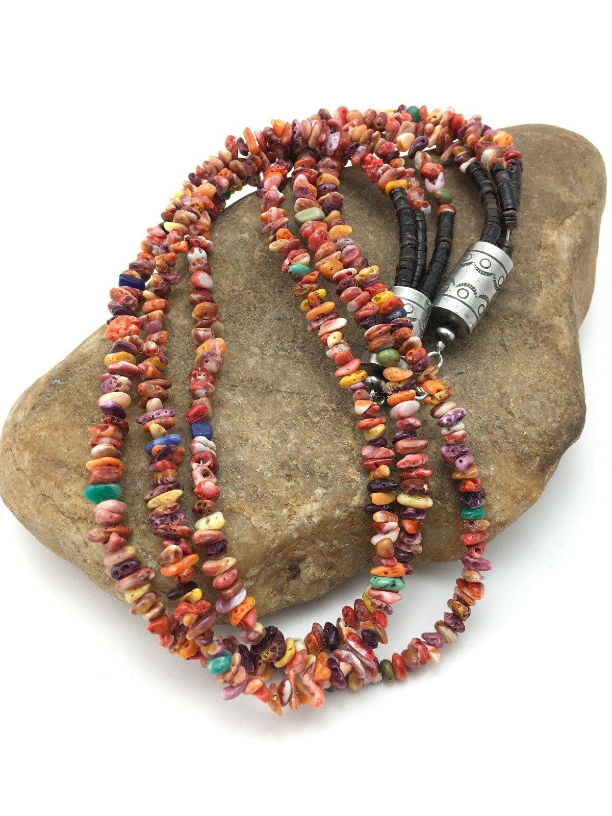Spiny Oyster & Turquoise 3 Strand Navajo Indian Sterling Silver Necklace 4333