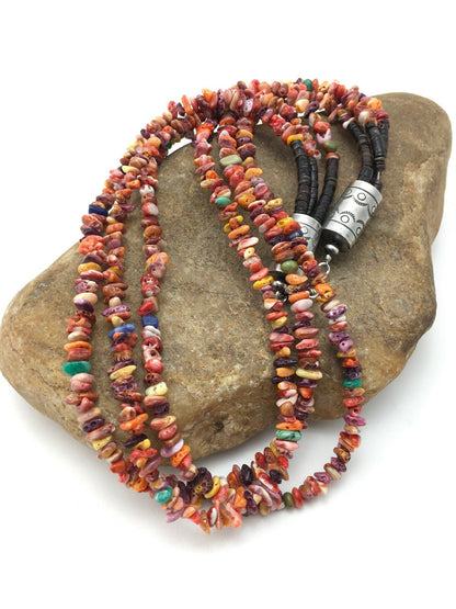 Spiny Oyster & Turquoise 3 Strand Navajo Indian Sterling Silver Necklace 4333