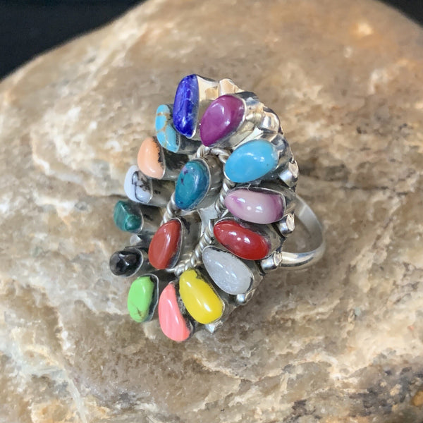 Onyx Lapis Turquoise Gaspiete Navajo Inlay Ring Size 8 | Sterling Silver | Authentic Native American Handmade | 11960