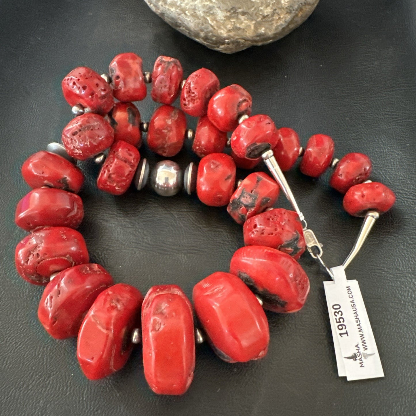 Chunky Navajo Red Bamboo Coral Sterling Silver Bead Necklace 24” Graduated 19530