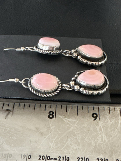 Yazzie Pink Queen Conch Navajo Sterling Silver Dangle Earrings 19320