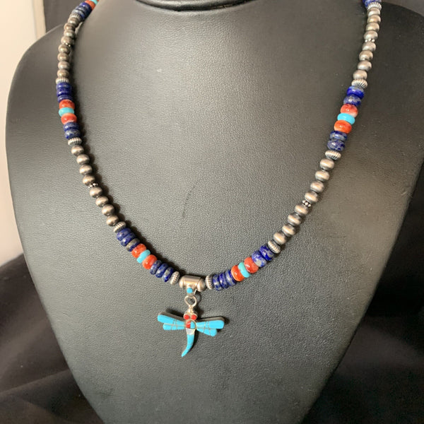 Dragonfly Turquoise Coral Inlay Multi-Color Pendant | Sterling Silver | Authentic Native American Handmade | 13513