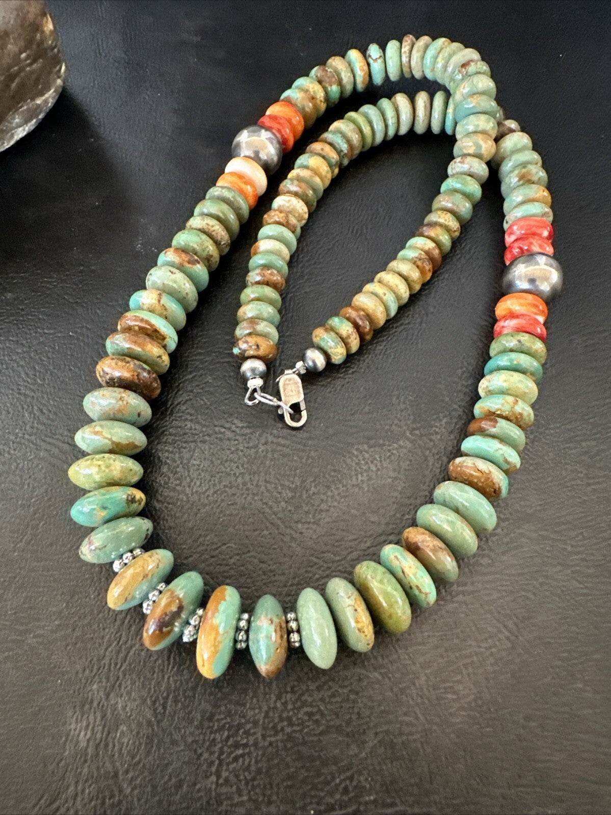 Green Turquoise Spiny Oyster Navajo Pearls Sterling Silver Necklace 18318