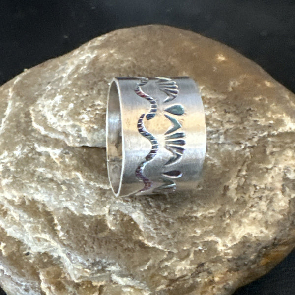 Men's Wedding Wide Band Navajo Stamped Ring Size 14 | Sterling Silver | Authentic Native American Handmade | 19066