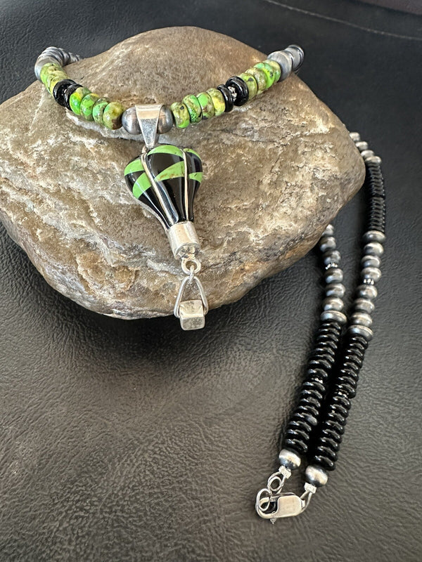 Balloon Green Turquoise Pendant Navajo Necklace 22" | Sterling Silver | Authentic Native American Handmade | 18342