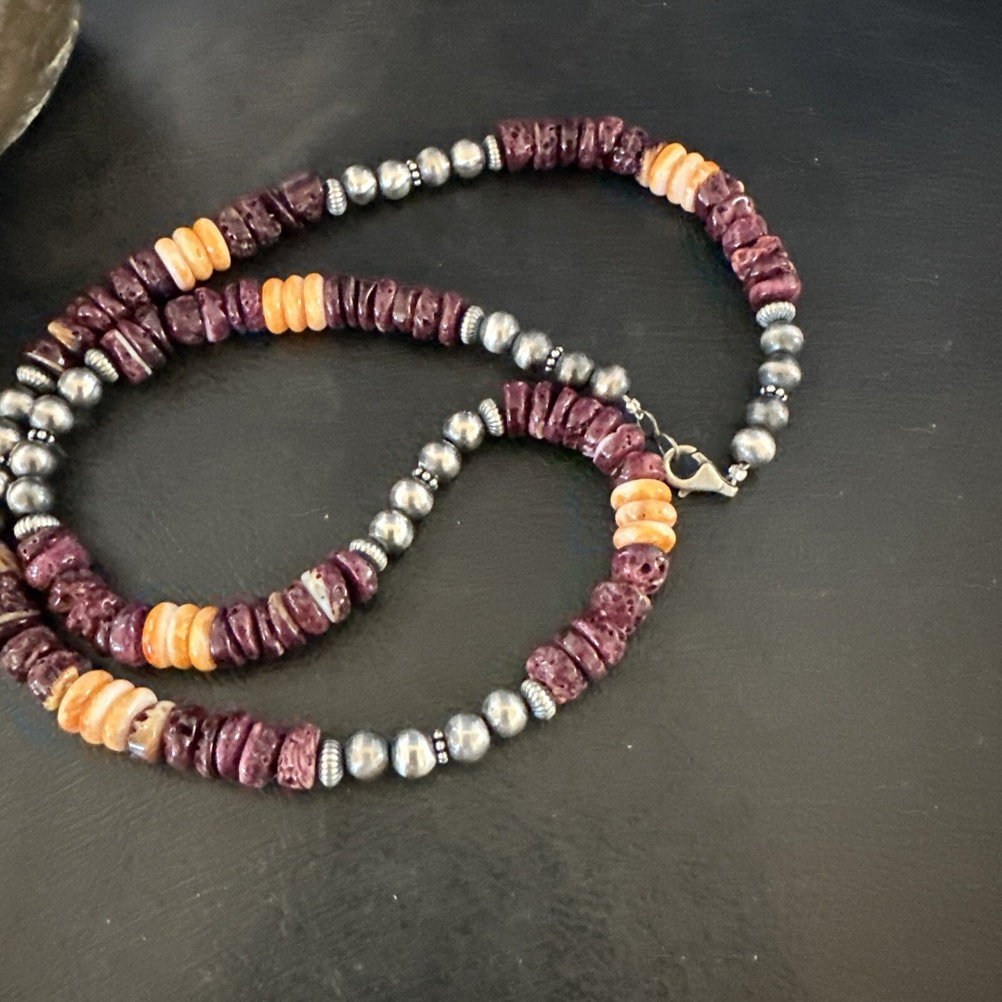 Navajo Sterling Necklace Purple Orange Spiny Oyster  20" 17702