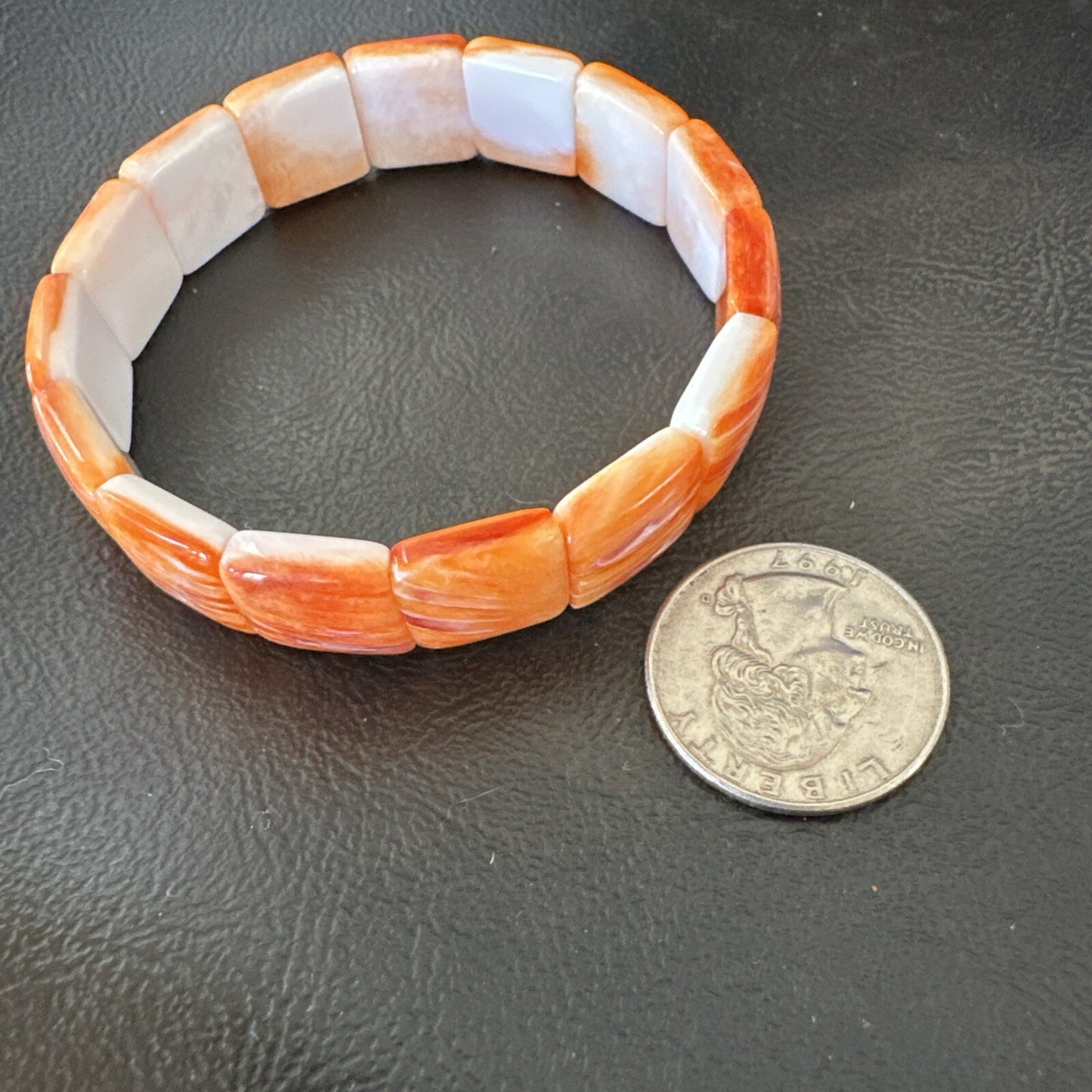 Mens Womens Orange Spiny Oyster Sterling Silver Stretch Bracelet 7" 18860