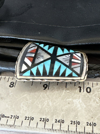Zuni  Mens BoloTie Belt Buckle Ranger Set Turquoise Coral Sterling Silver 19155