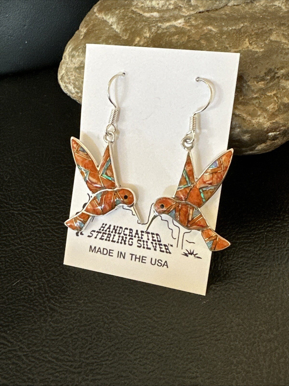 Orange Spiny Oyster Opal Sterling Silver Hummingbird Dangle Earrings 18552