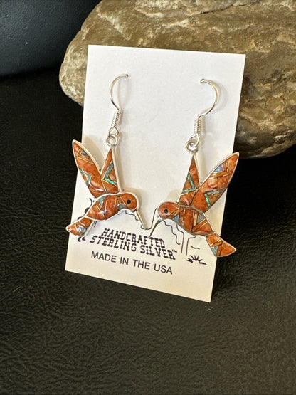 Orange Spiny Oyster Opal Sterling Silver Hummingbird Dangle Earrings 18552