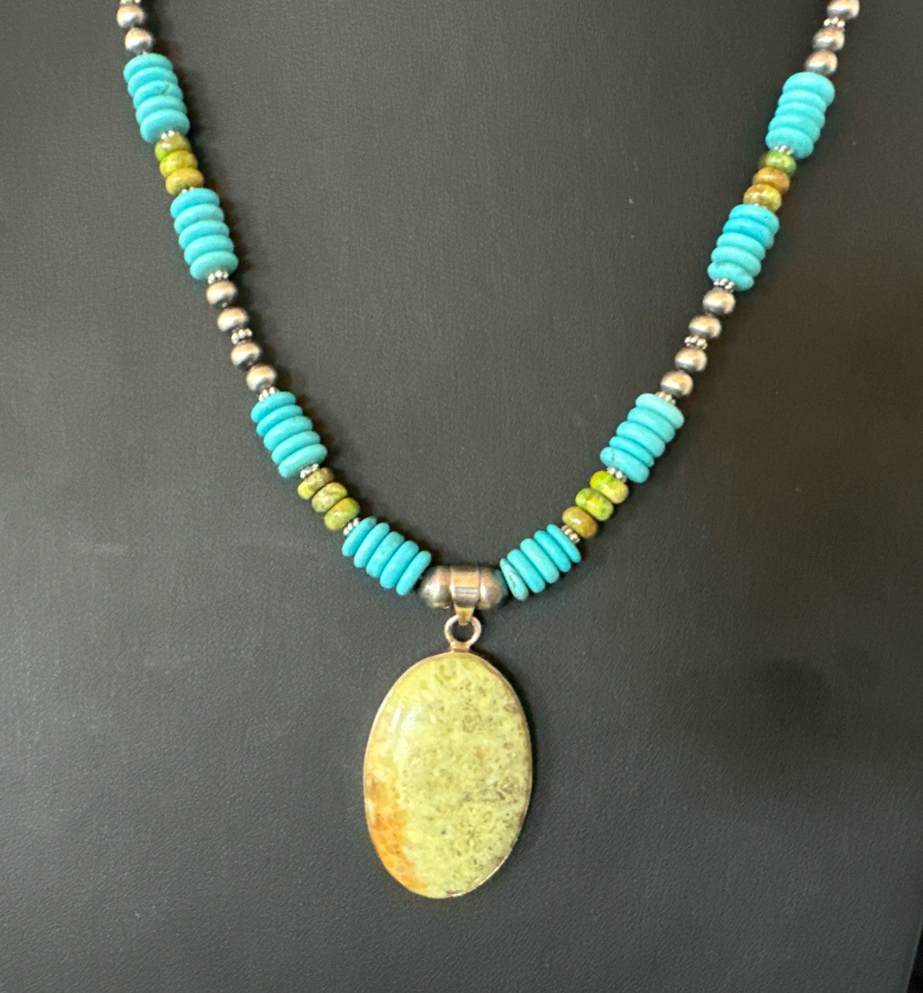 Green Gaspeite Pendant Blue Turquoise Navajo Sterling Silver Necklace 20" 19668