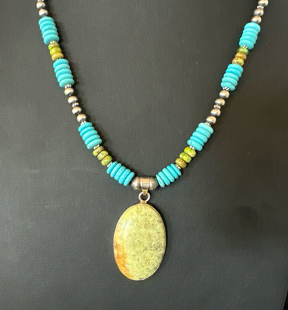 Green Gaspeite Pendant Blue Turquoise Navajo Sterling Silver Necklace 20" 19668