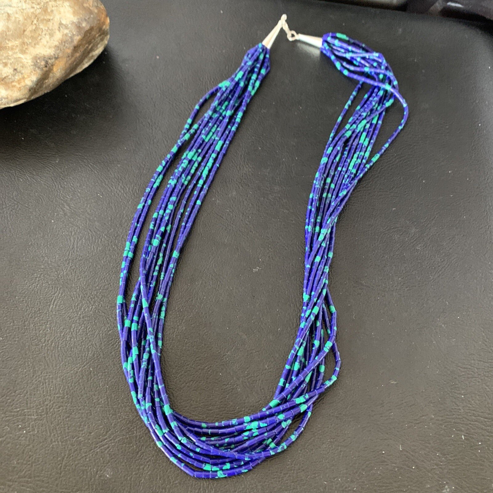 Blue Green Azurite Heishi 10Strand Stabilized Sterling Silver Necklace 20” 10349