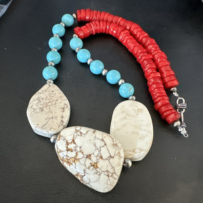 Mens Wild Horse Blue Turquoise Red Coral Navajo Sterling Silver Necklace 17982